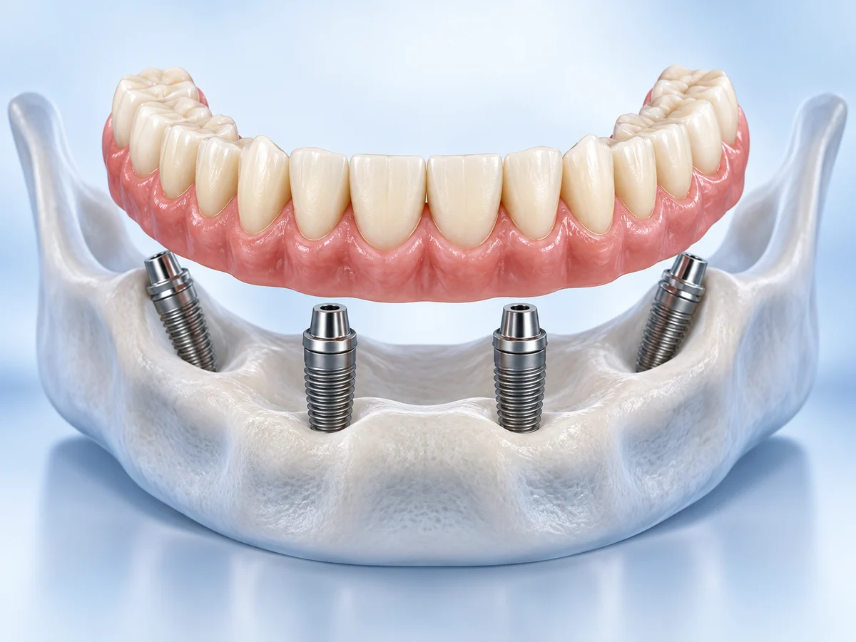 Dantų lanko protezo ir keturių implantų 3D iliustracija